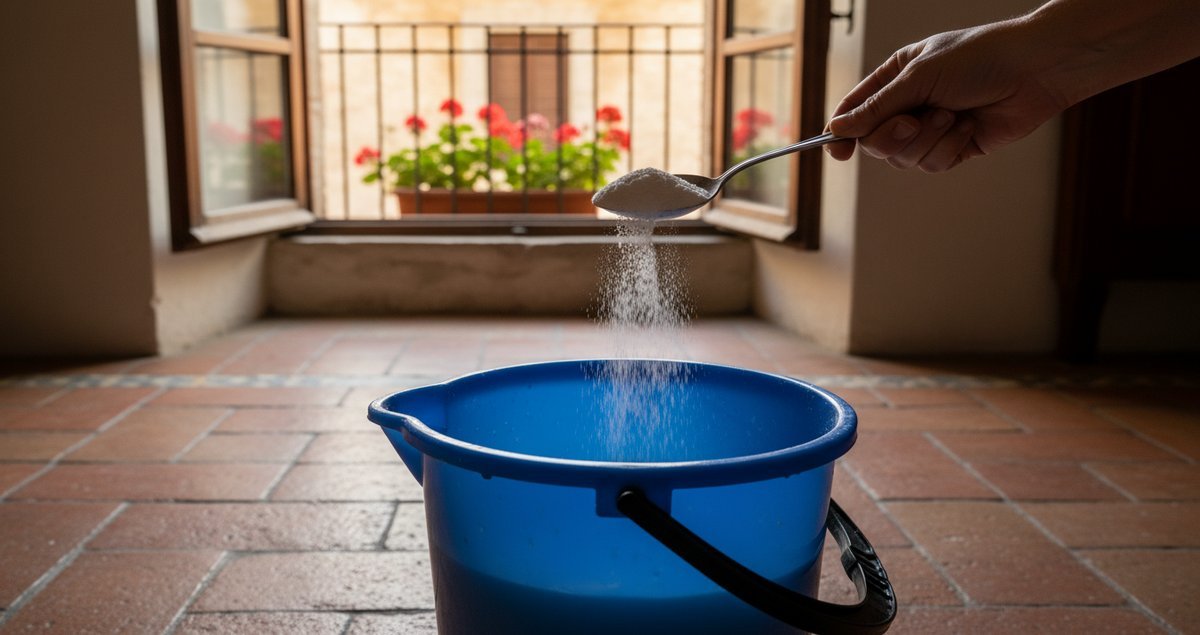 un-cucchiaio-bicarbonato-secchio-scopa-piastrelle-fresche